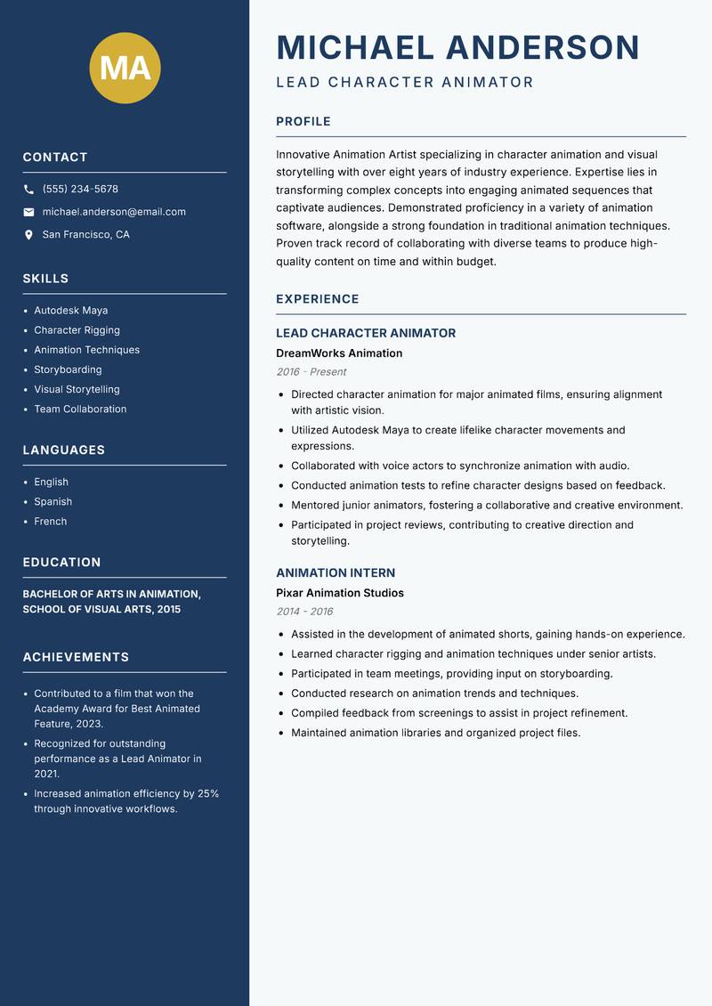 Animation Artist Resume Preview Example