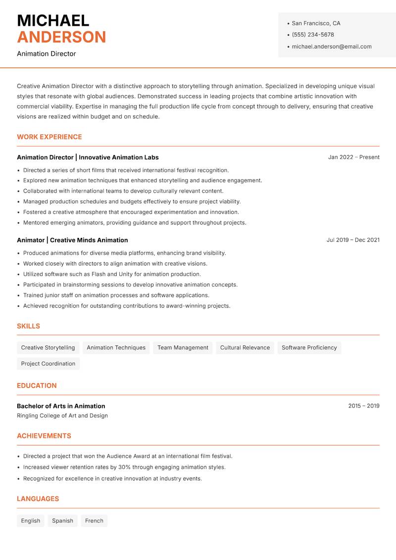Animation Director Resume Template