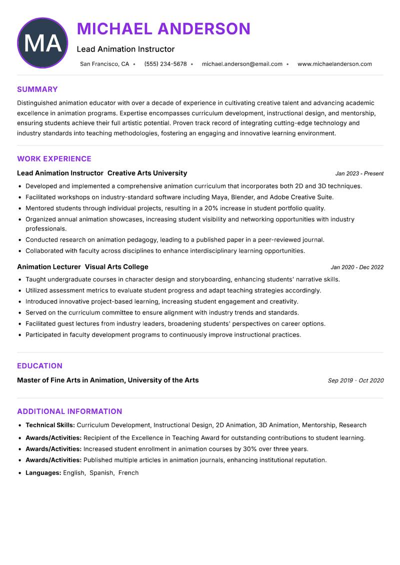 Animation Faculty Resume Preview Example