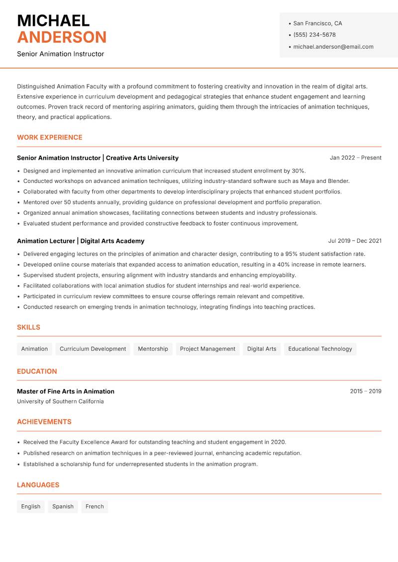 Animation Faculty Resume Template