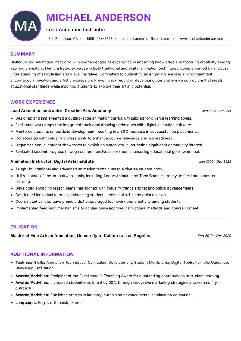 Animation Instructor Resume Preview Example