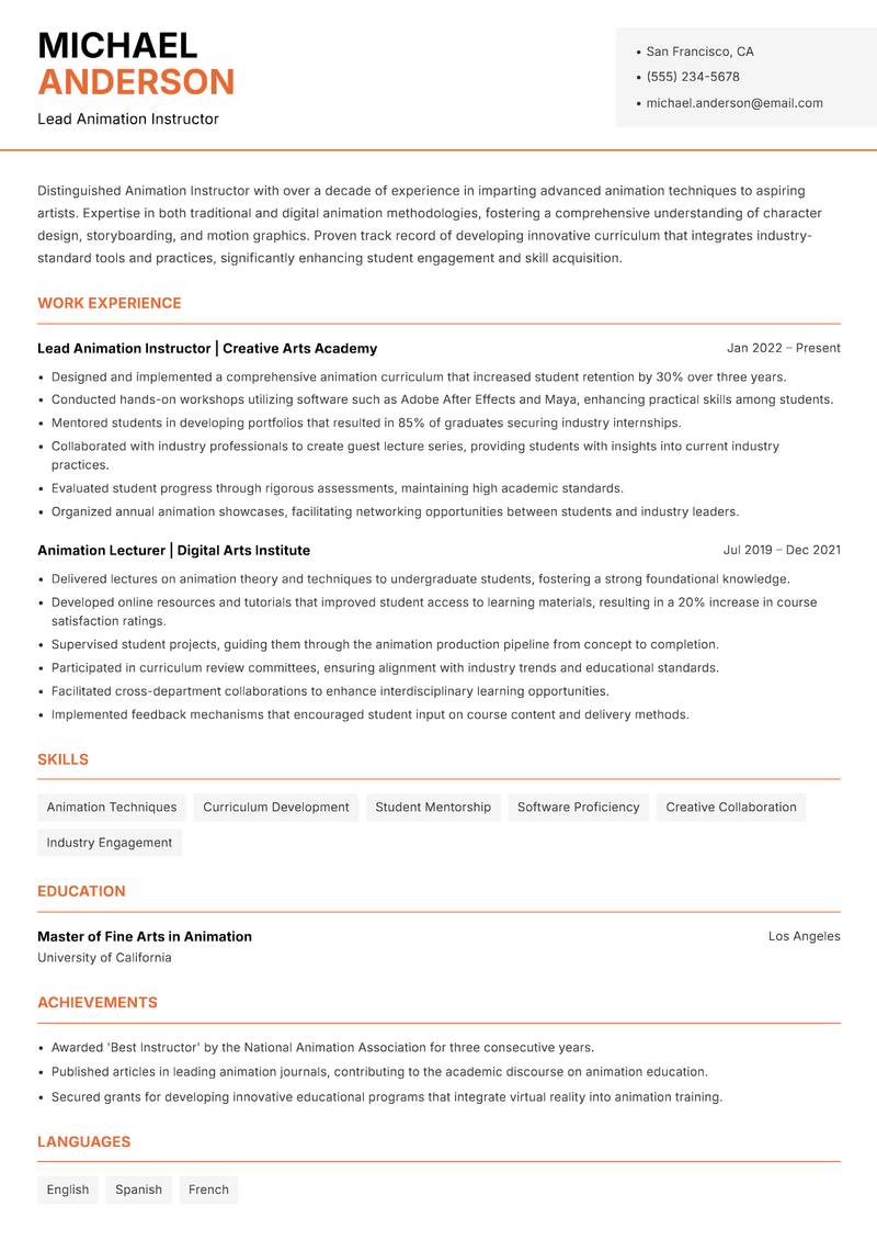 Animation Instructor Resume Template