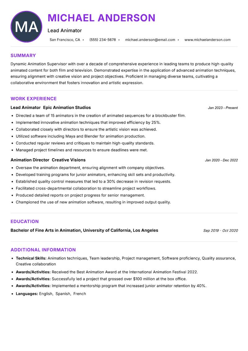 Animation Supervisor Resume Preview Example