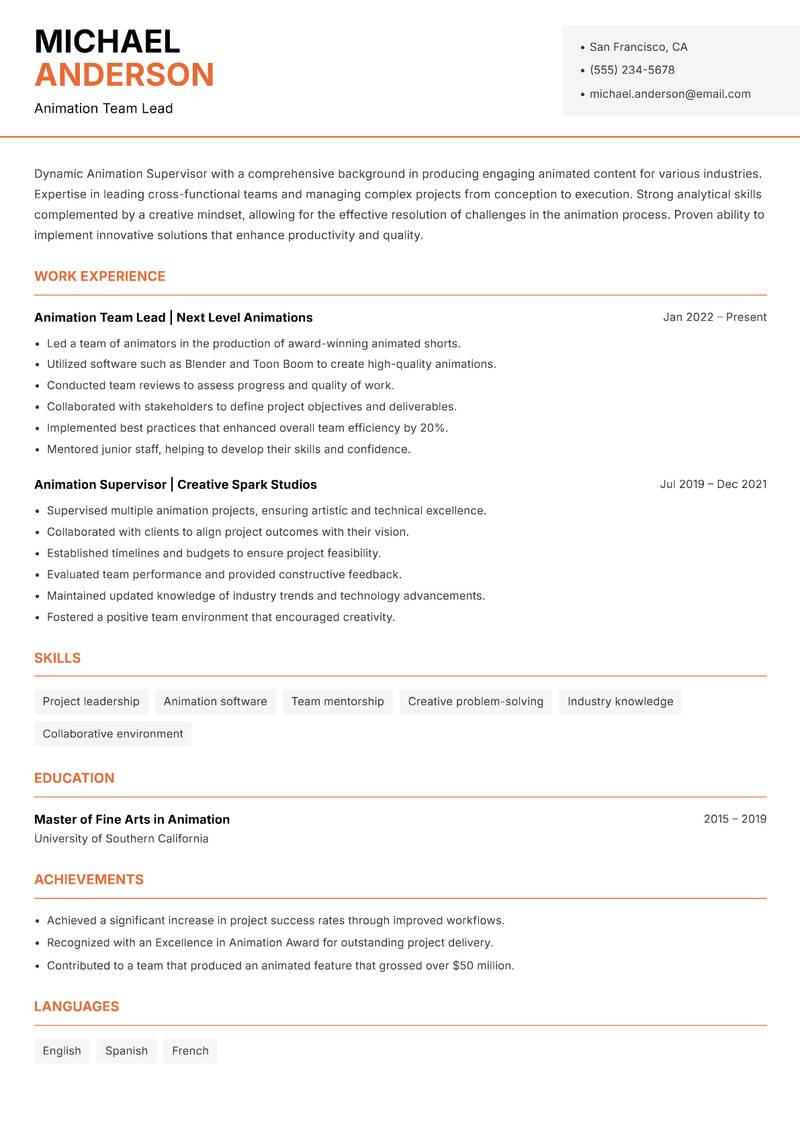Animation Supervisor Resume Template
