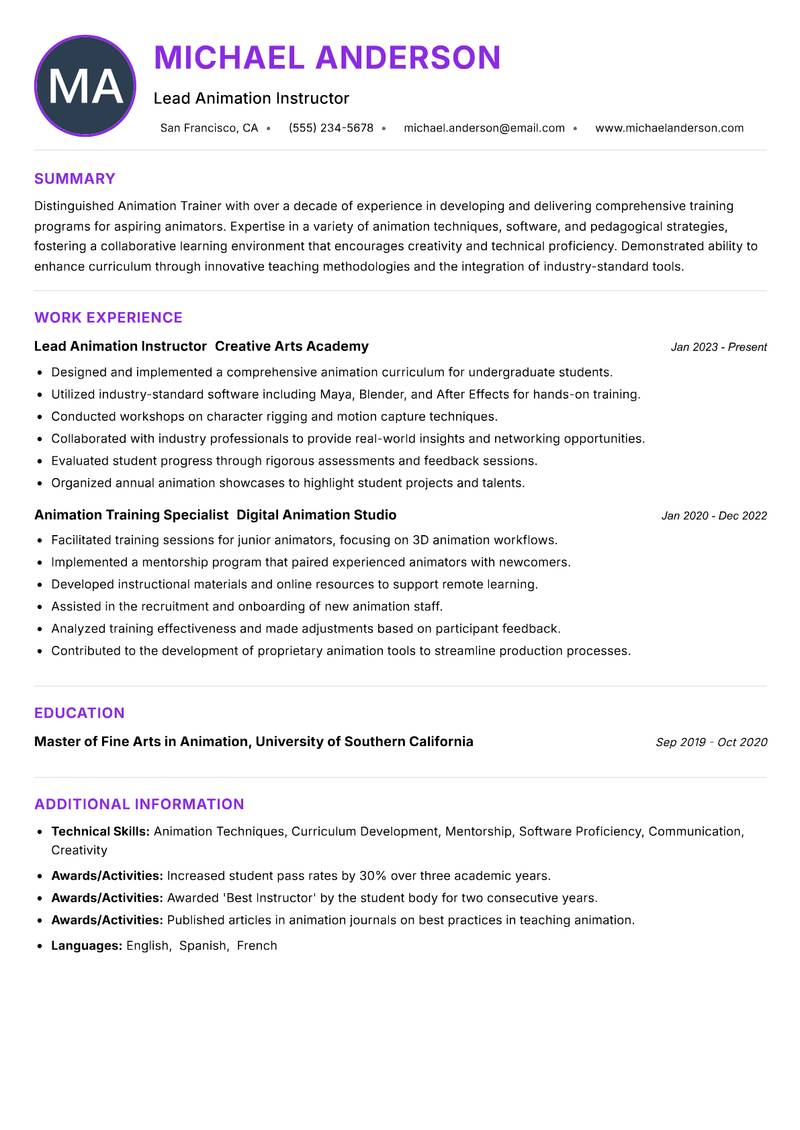 Animation Trainer Resume Preview Example