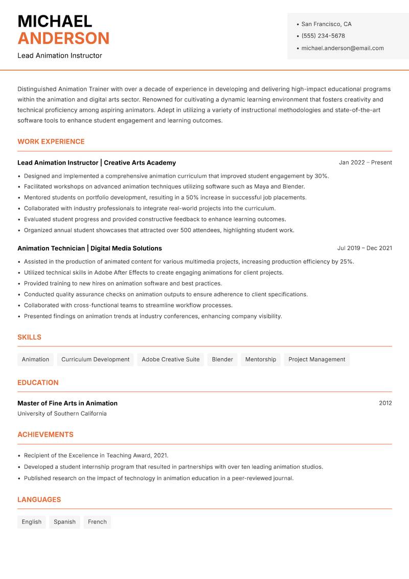 Animation Trainer Resume Template
