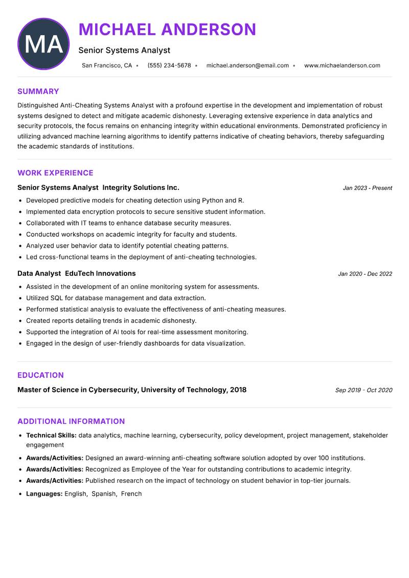 Anti-Cheating Systems Analyst Resume Preview Example