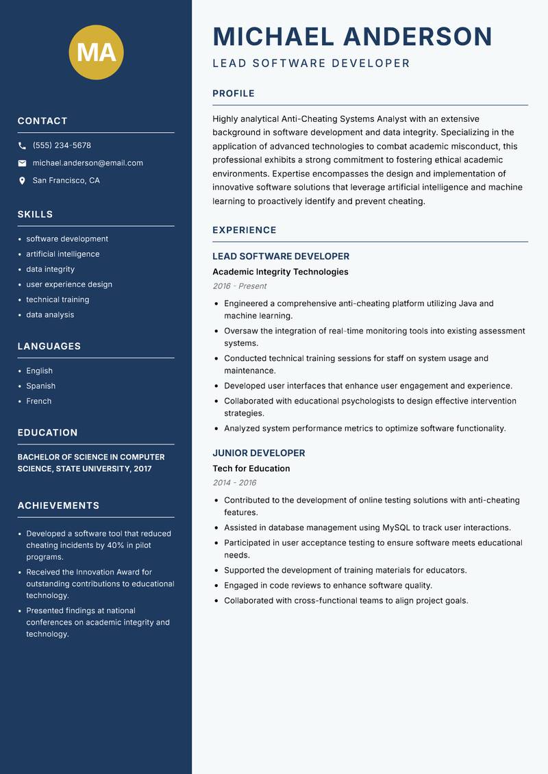 Anti-Cheating Systems Analyst Resume Preview Example
