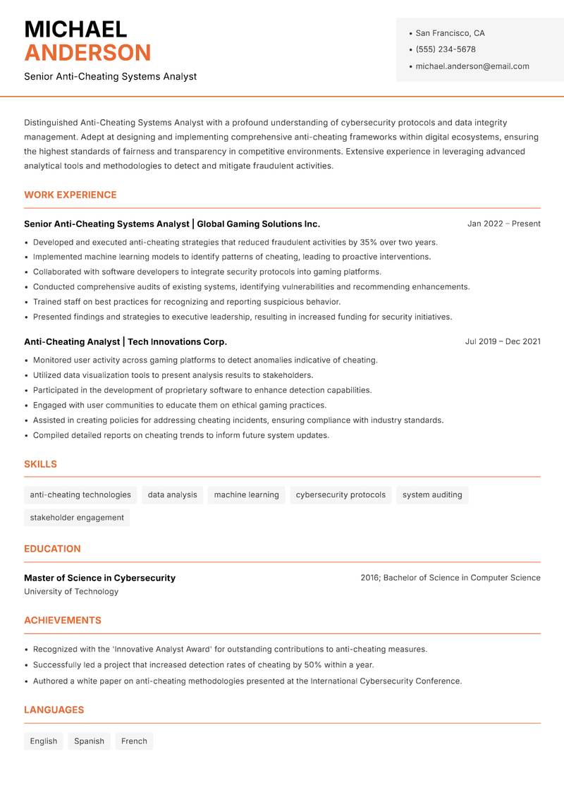 Anti-Cheating Systems Analyst Resume Template