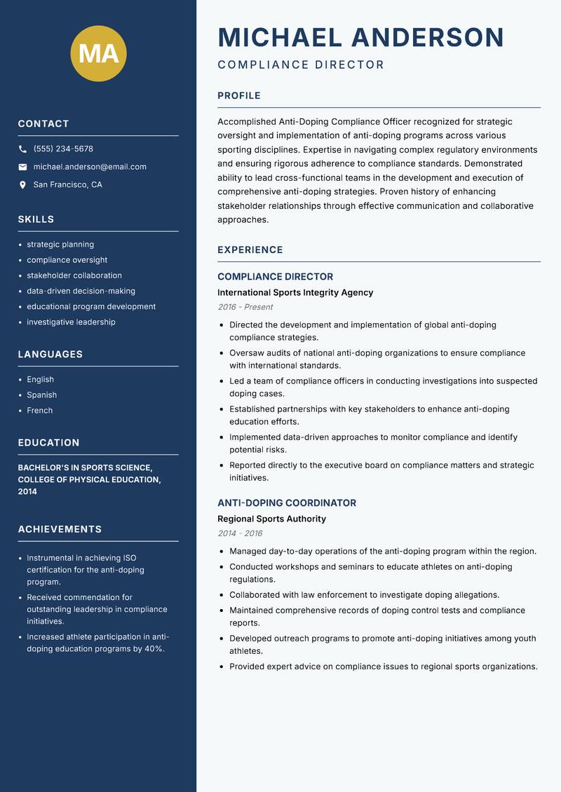 Anti-Doping Compliance Officer Resume Preview Example