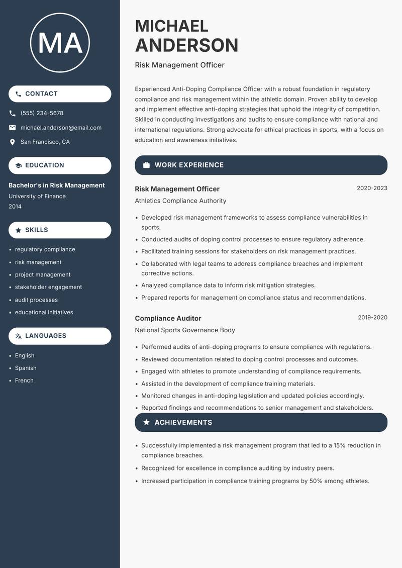 Anti-Doping Compliance Officer Resume Preview Example