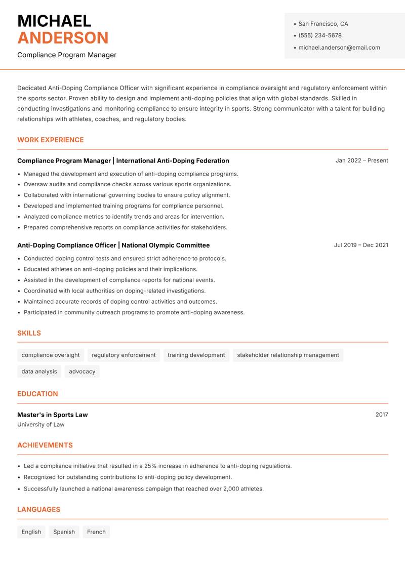 Anti-Doping Compliance Officer Resume Template