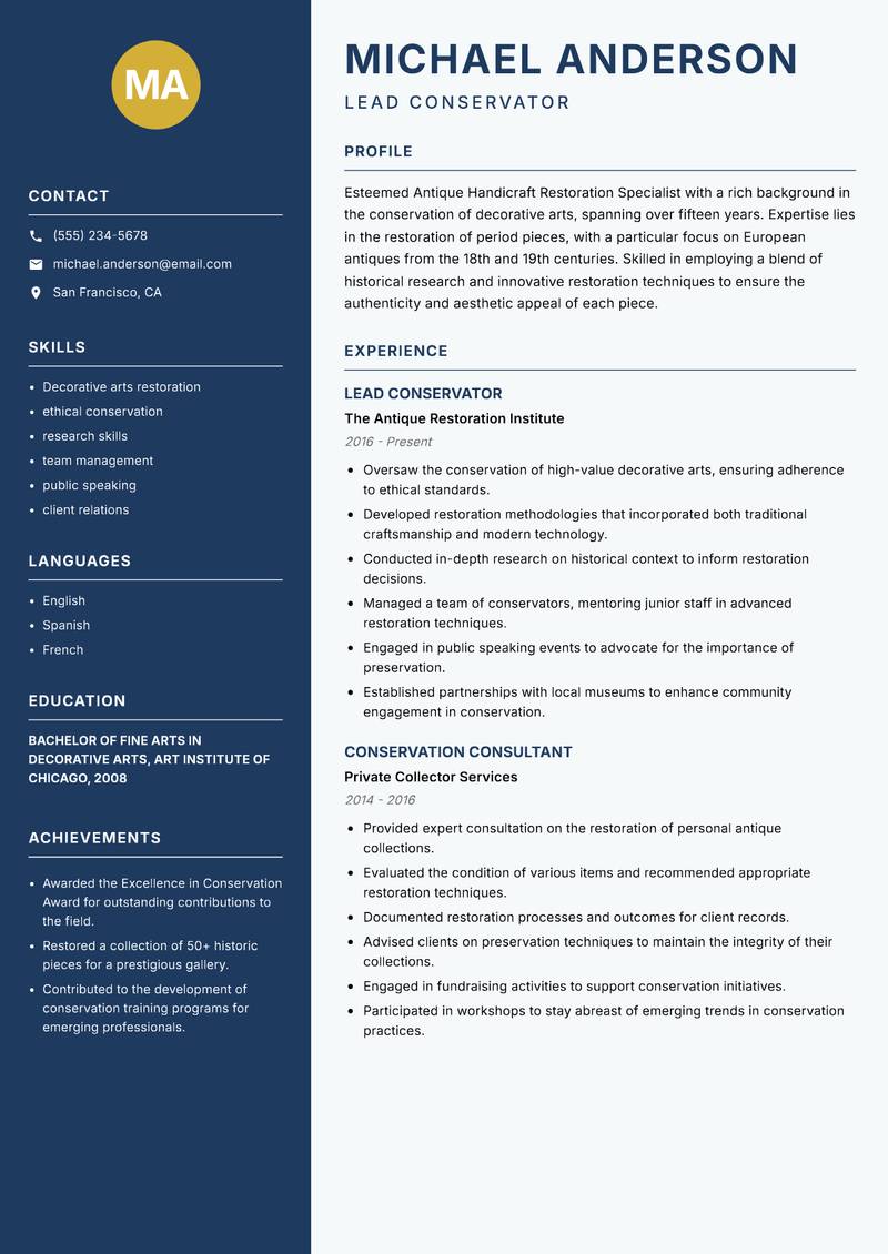 Antique Handicraft Restoration Specialist Resume Preview Example