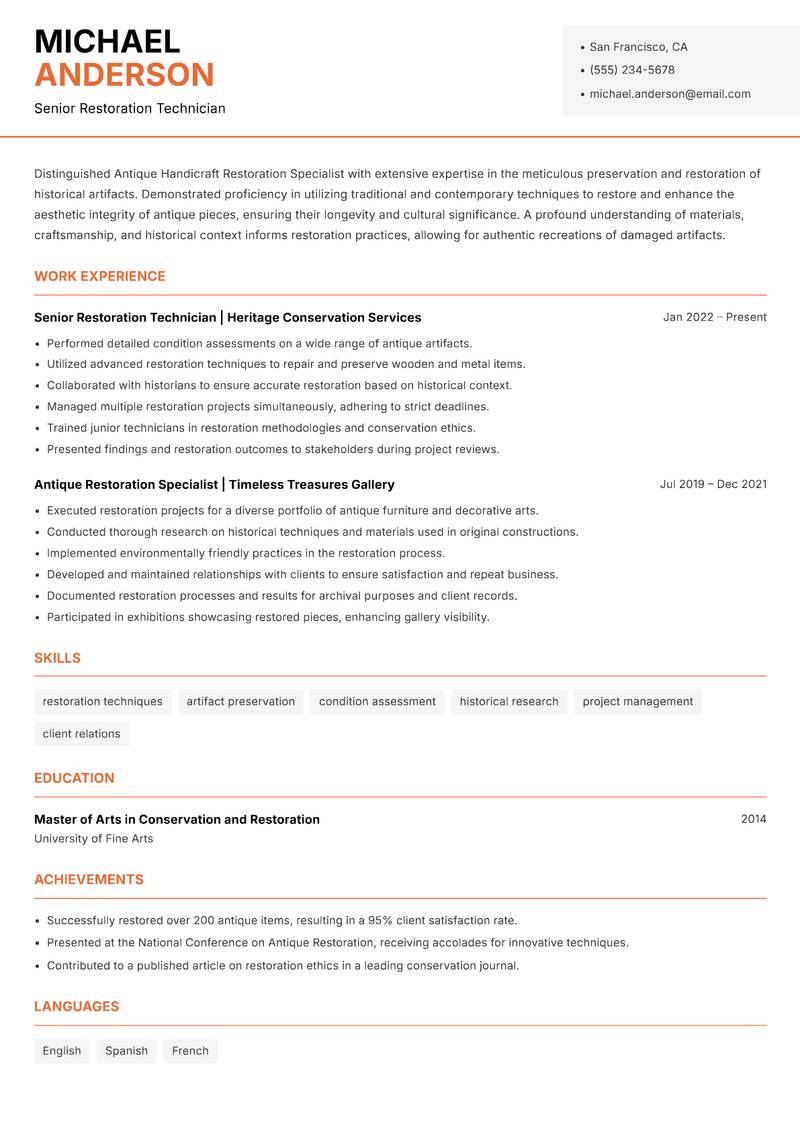 Antique Handicraft Restoration Specialist Resume Template