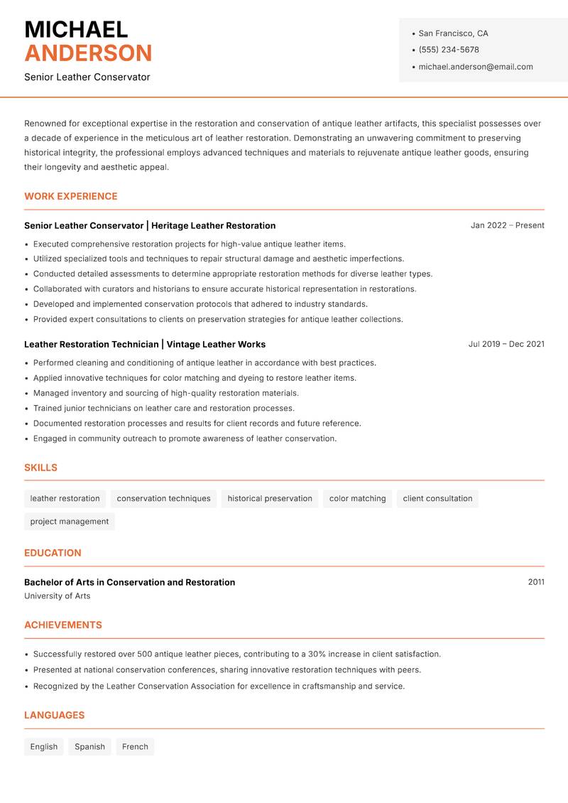 Antique Leather Restoration Specialist Resume Template