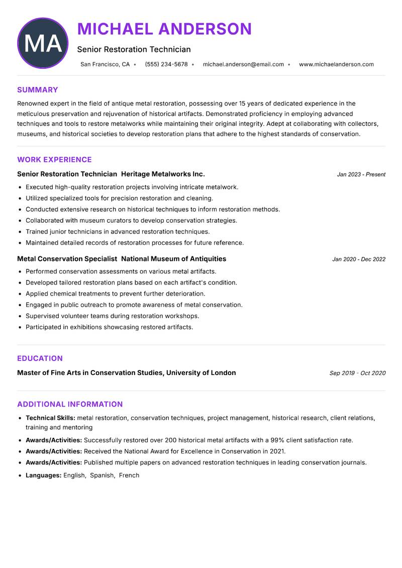 Antique Metal Restoration Specialist Resume Preview Example