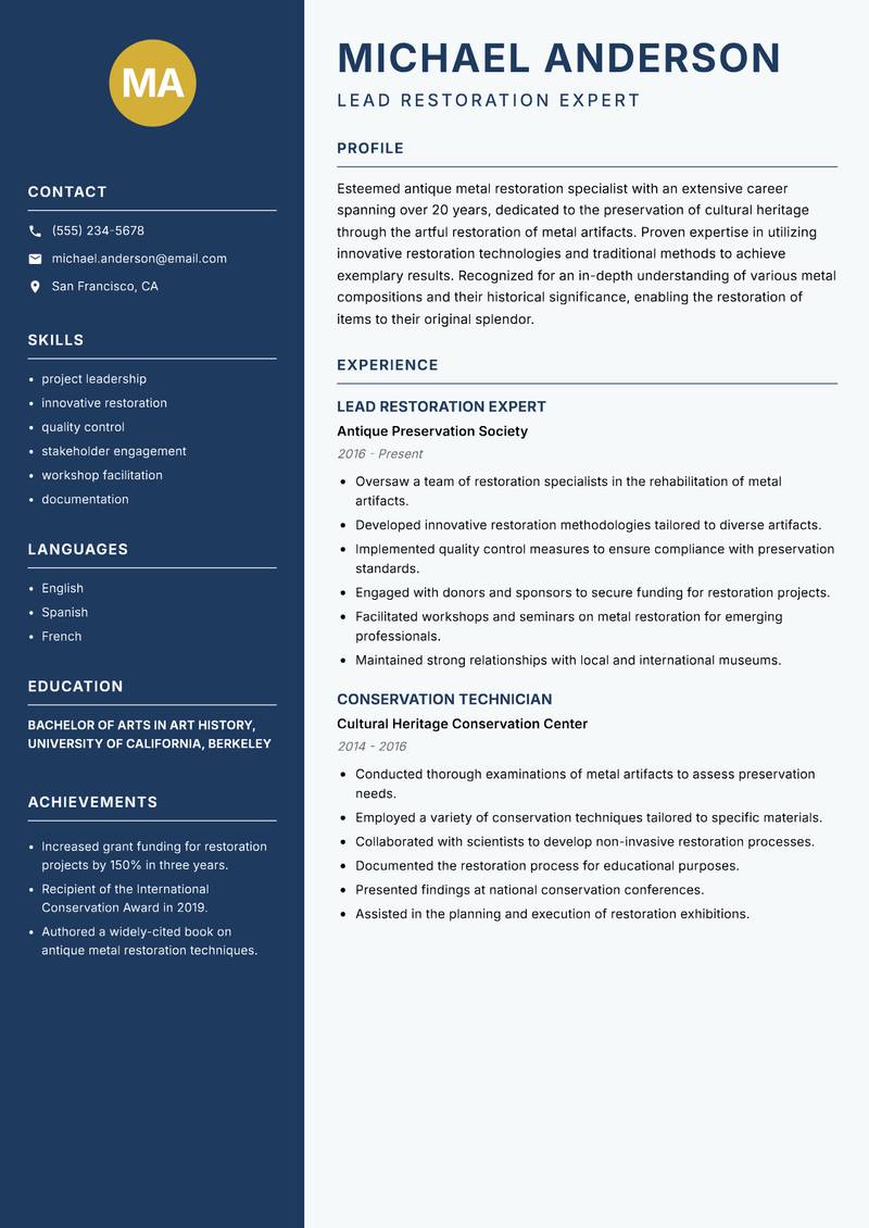 Antique Metal Restoration Specialist Resume Preview Example