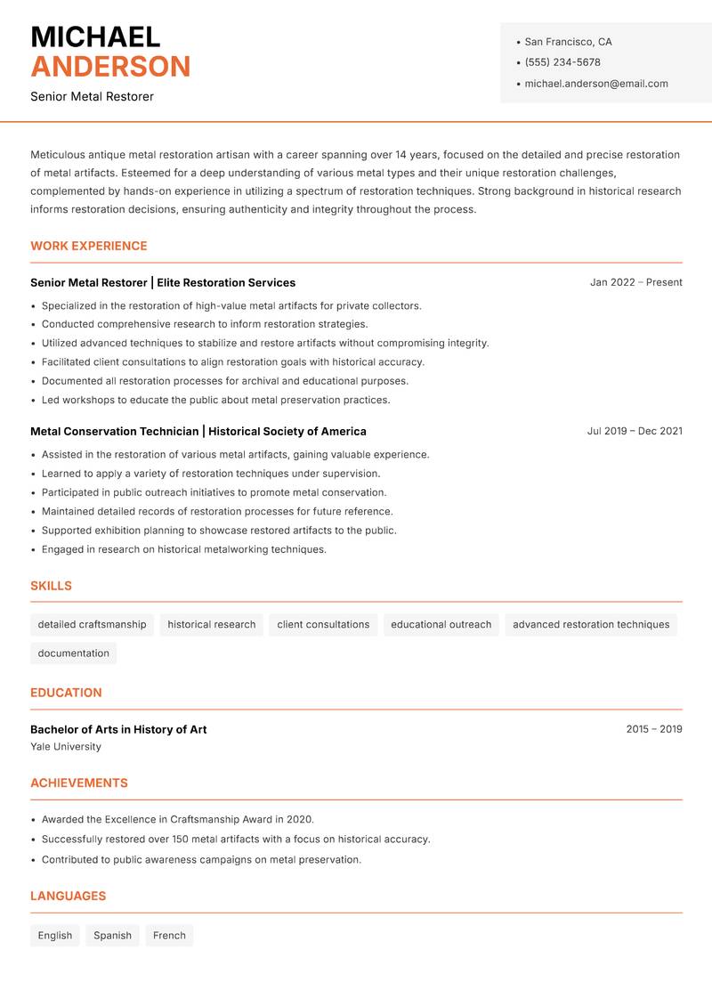 Antique Metal Restoration Specialist Resume Template