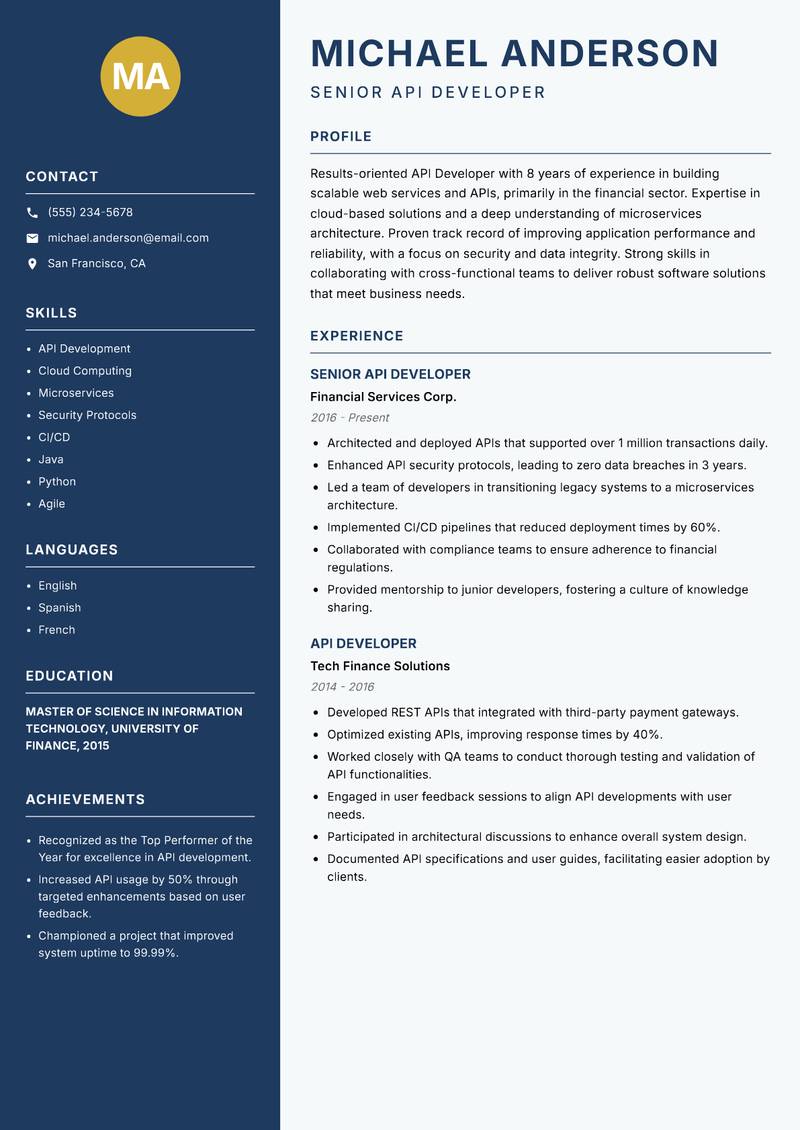 API Developer Resume Preview Example
