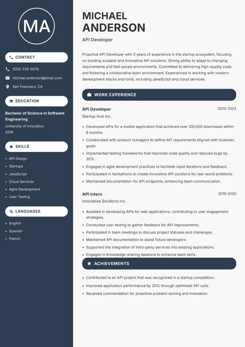 API Developer Resume Preview Example