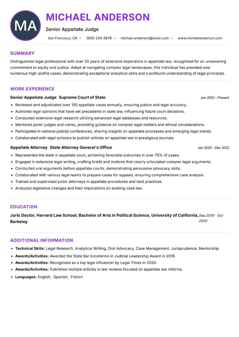 Appellate Judge Resume Preview Example