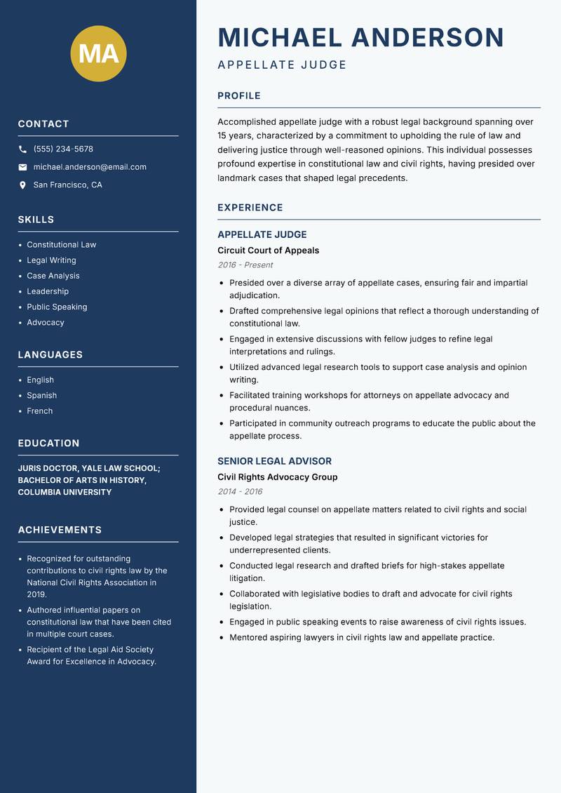 Appellate Judge Resume Preview Example
