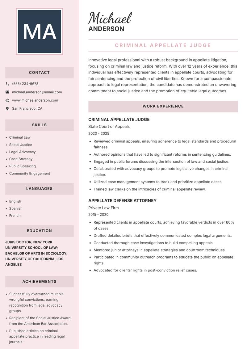 Appellate Judge Resume Preview Example