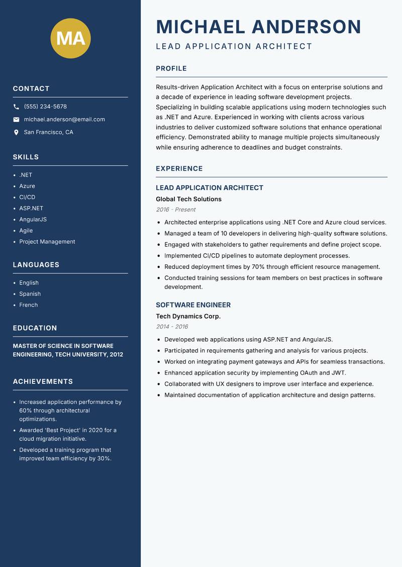 Application Architect Resume Preview Example