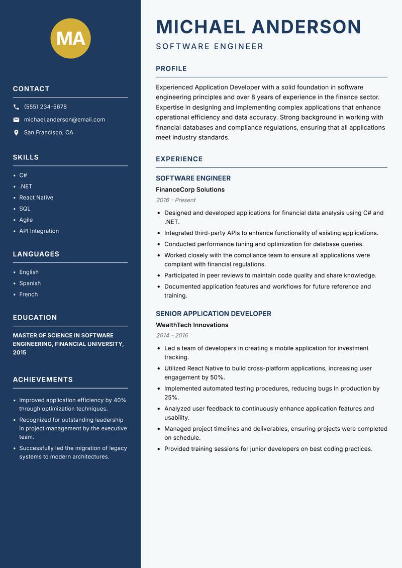 Application Developer Resume Preview Example