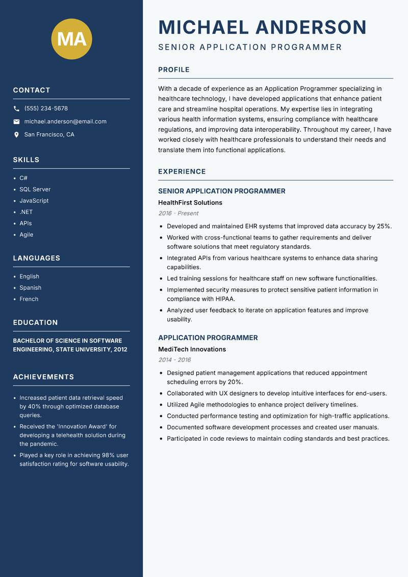 Application Programmer Resume Preview Example