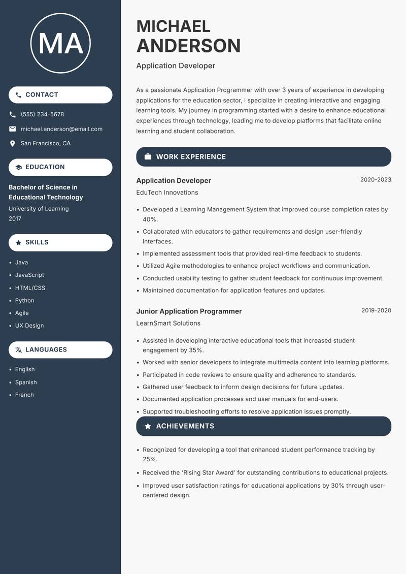 Application Programmer Resume Preview Example