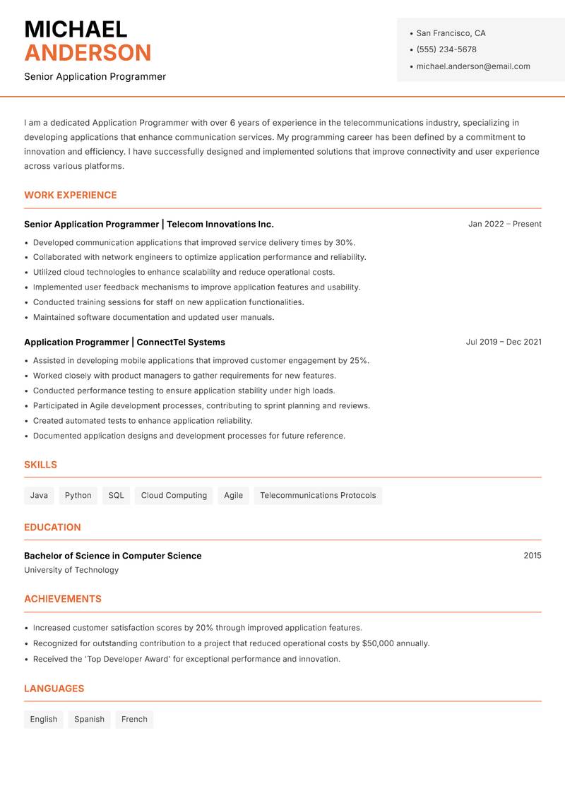 Application Programmer Resume Template