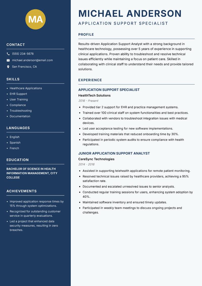 Application Support Analyst Resume Preview Example