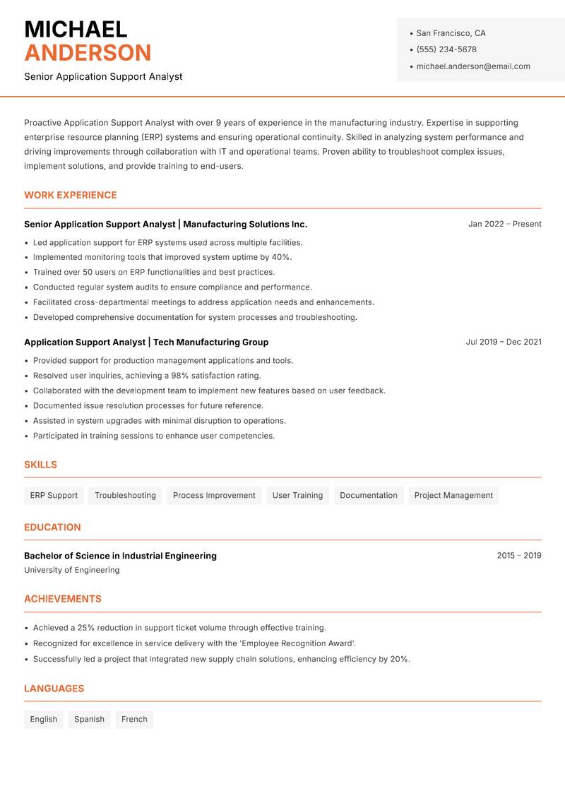 Application Support Analyst Resume Template