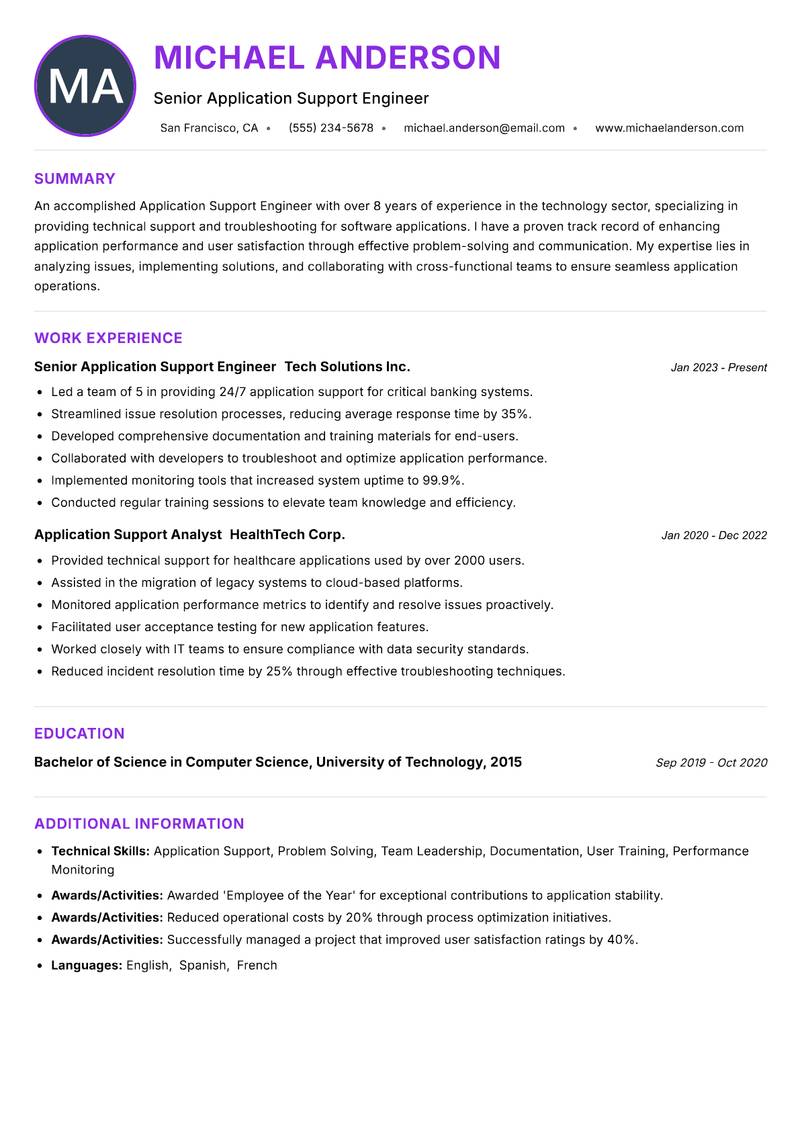 Application Support Engineer Resume Preview Example