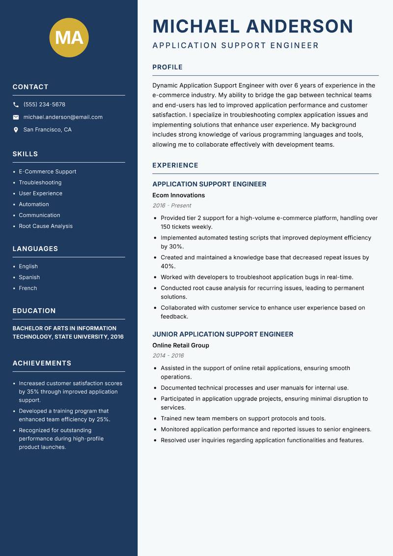 Application Support Engineer Resume Preview Example