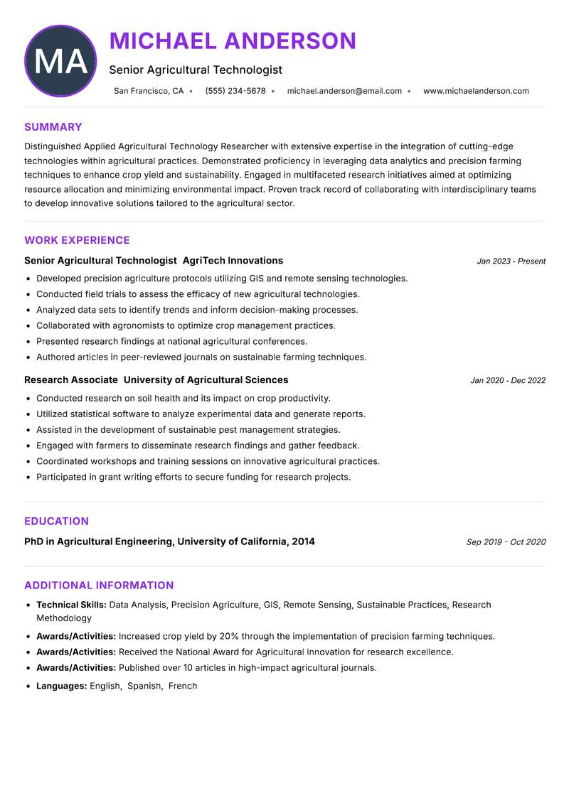 Applied Agricultural Technology Researcher Resume Preview Example