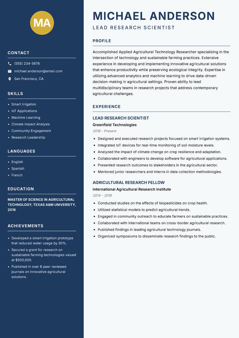Applied Agricultural Technology Researcher Resume Preview Example