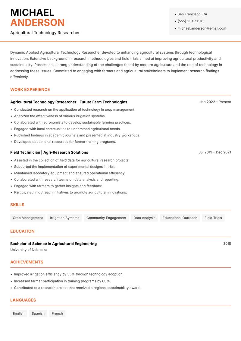 Applied Agricultural Technology Researcher Resume Template