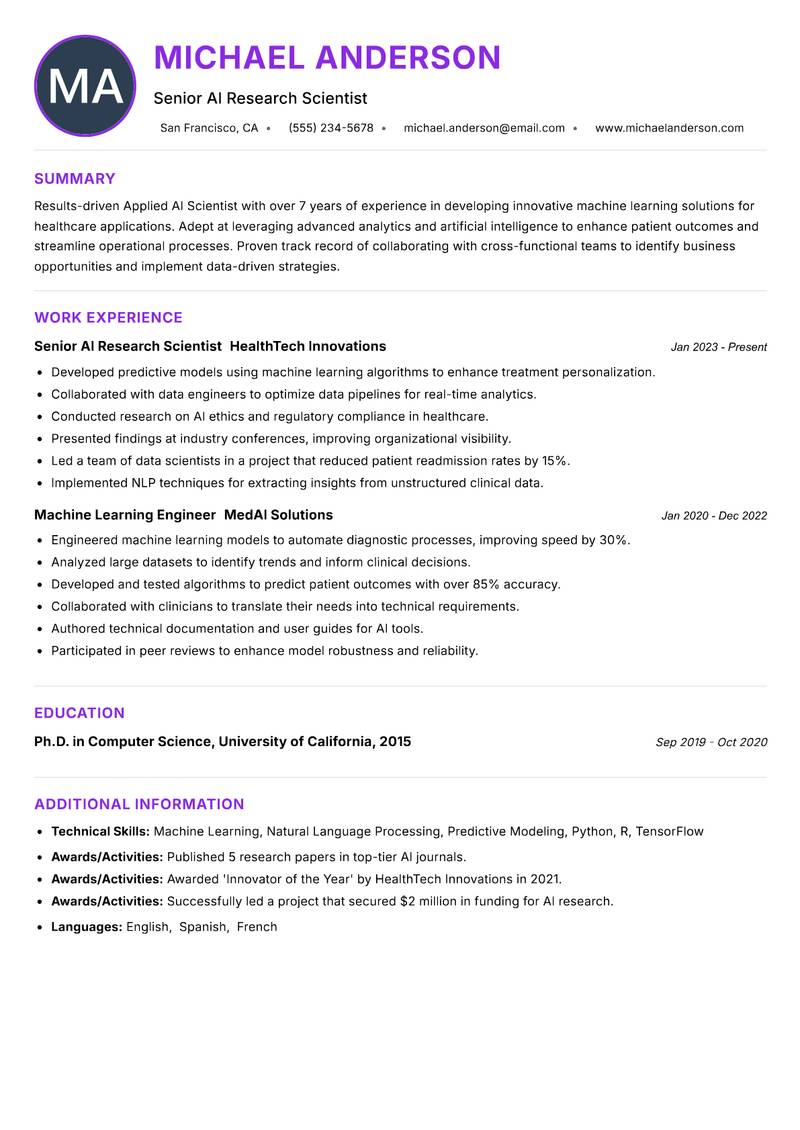 Applied AI Scientist Resume Preview Example