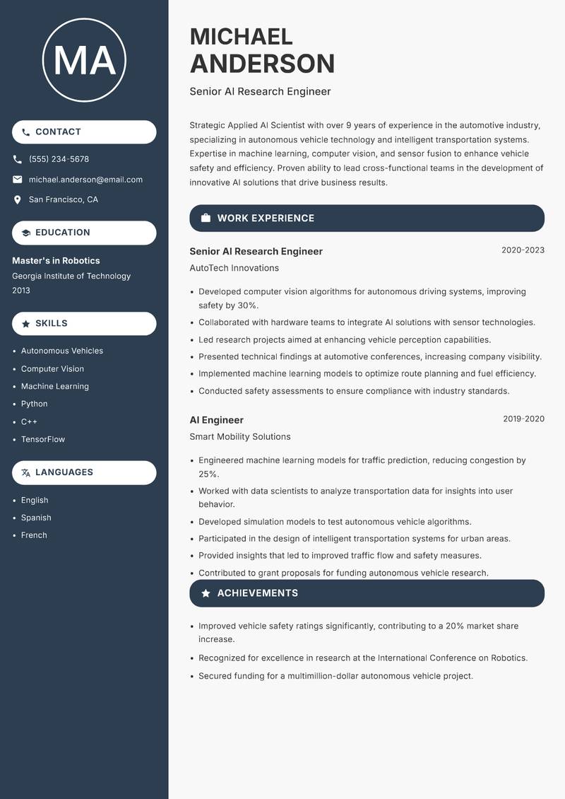 Applied AI Scientist Resume Preview Example