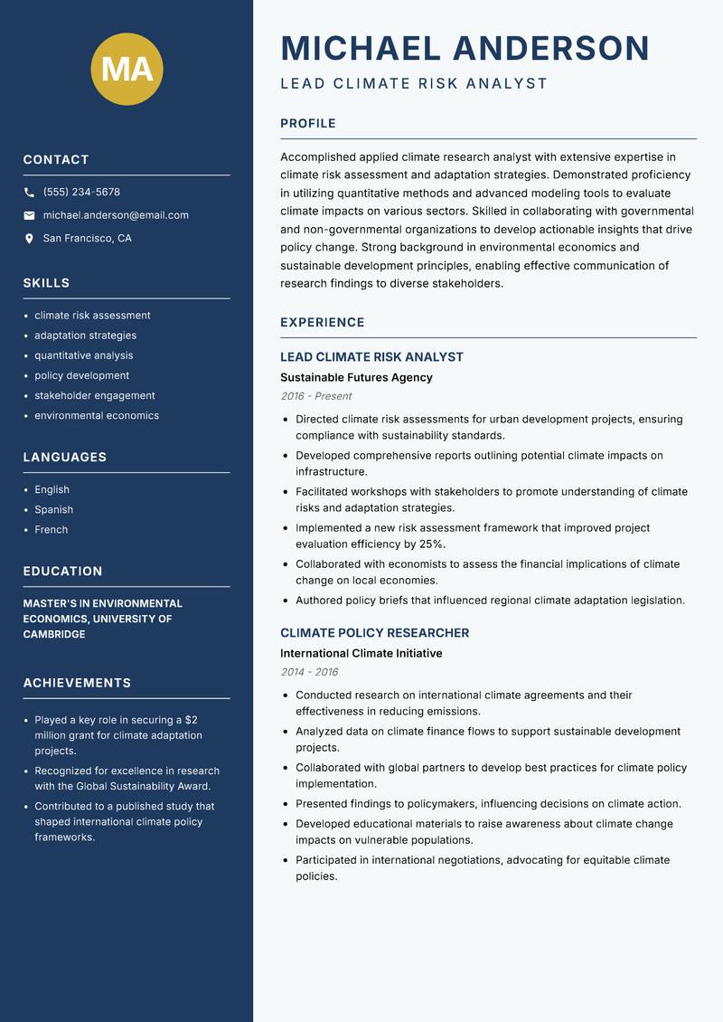 Applied Climate Research Analyst Resume Preview Example