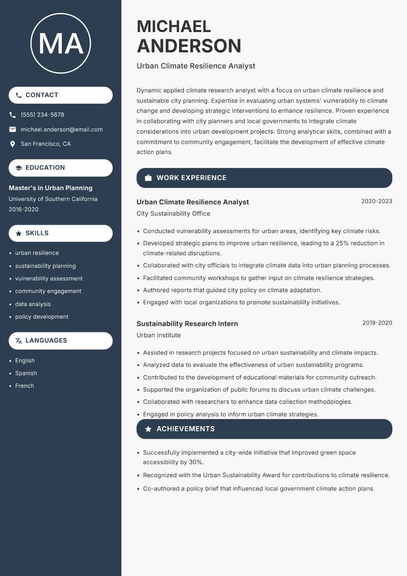 Applied Climate Research Analyst Resume Preview Example