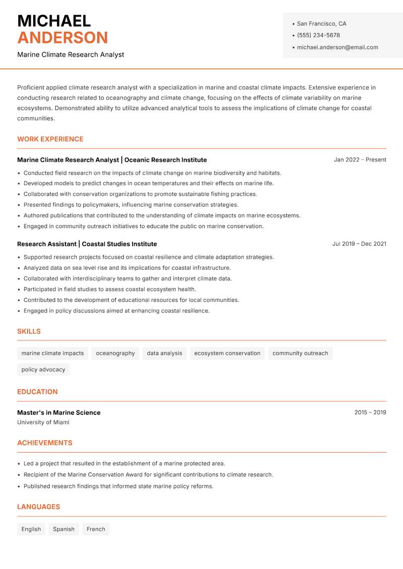 Applied Climate Research Analyst Resume Template
