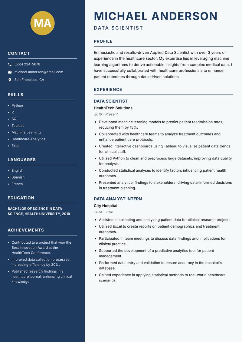 Applied Data Scientist Resume Preview Example