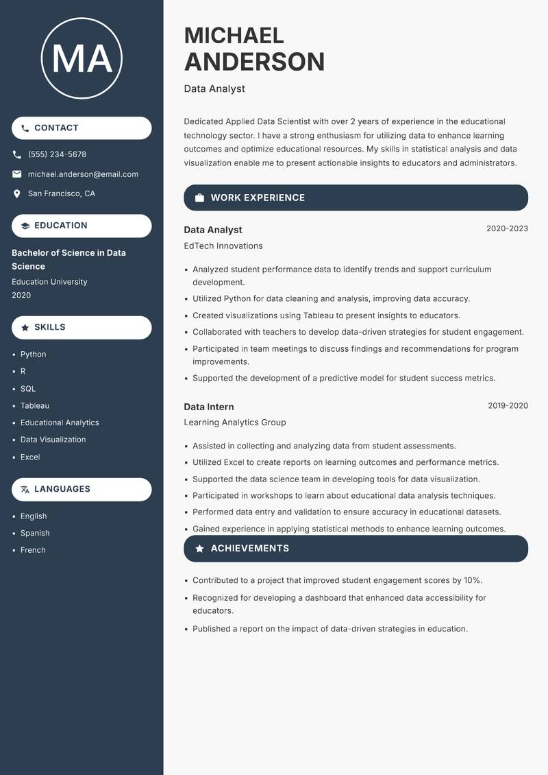 Applied Data Scientist Resume Preview Example