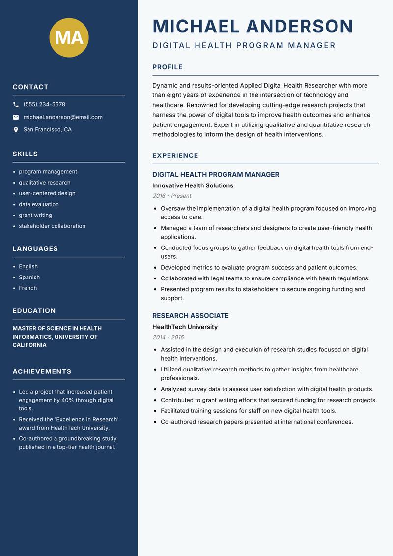 Applied Digital Health Researcher Resume Preview Example