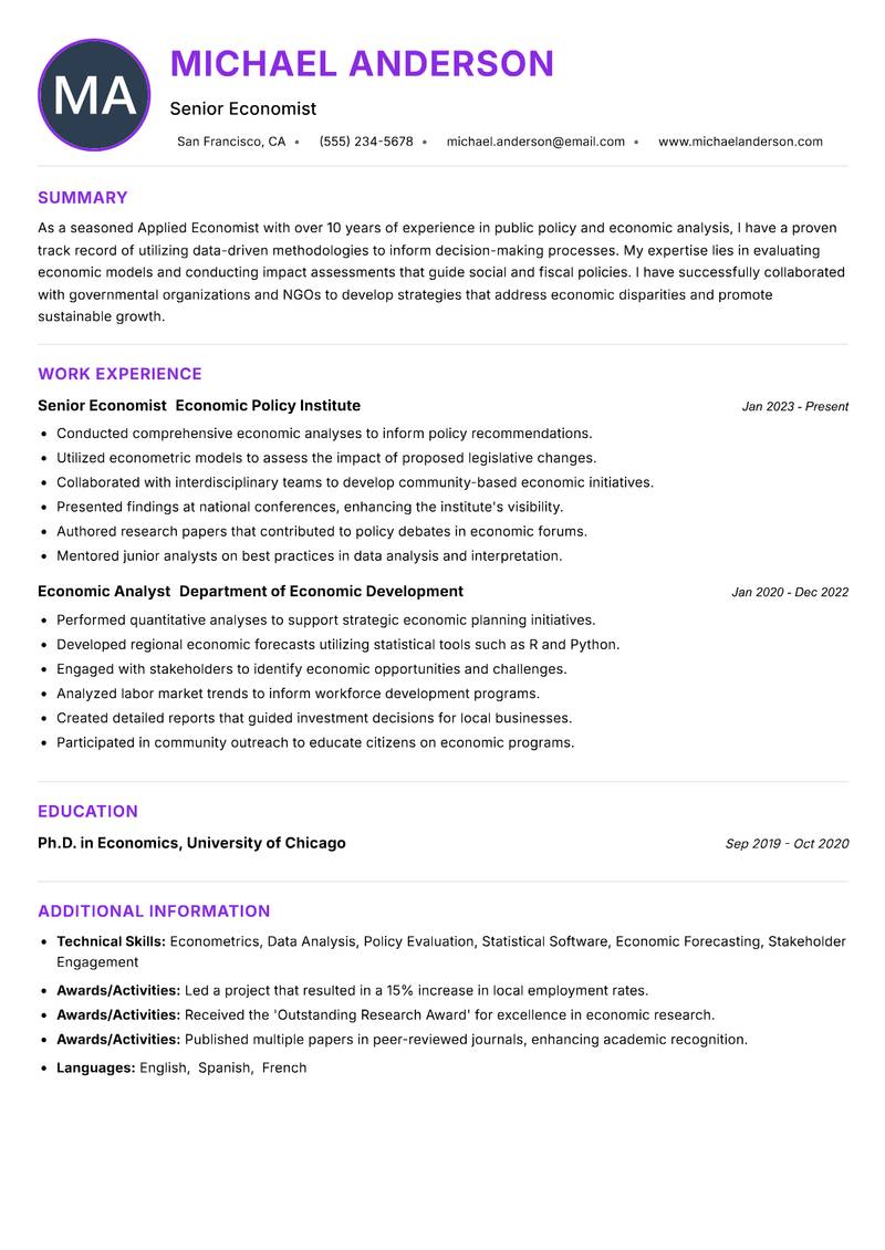 Applied Economist Resume Preview Example