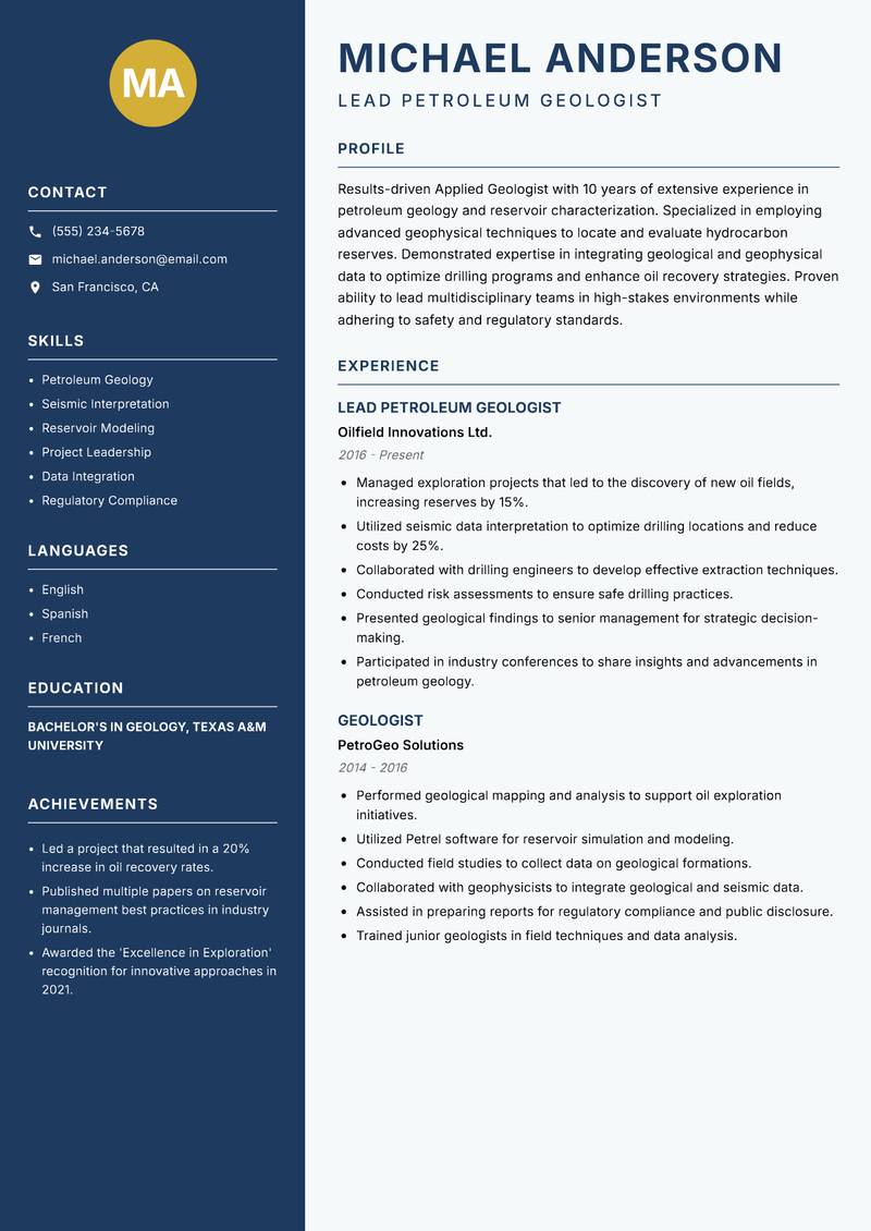 Applied Geologist Resume Preview Example