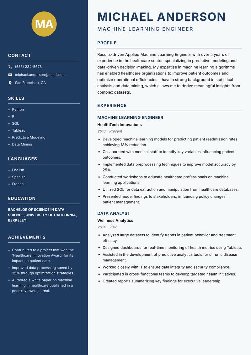 Applied Machine Learning Engineer Resume Preview Example